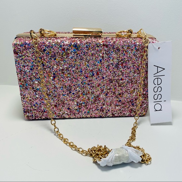 ALESSIA Pink Glitter Gold Trim Clip Clutch New - Picture 1 of 11
